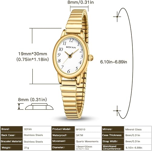 BOFAN Small Gold Watches for Women Easy Read Ladies Quartz Wrist Watch with Stainless Steel Expansion Band,Waterproof